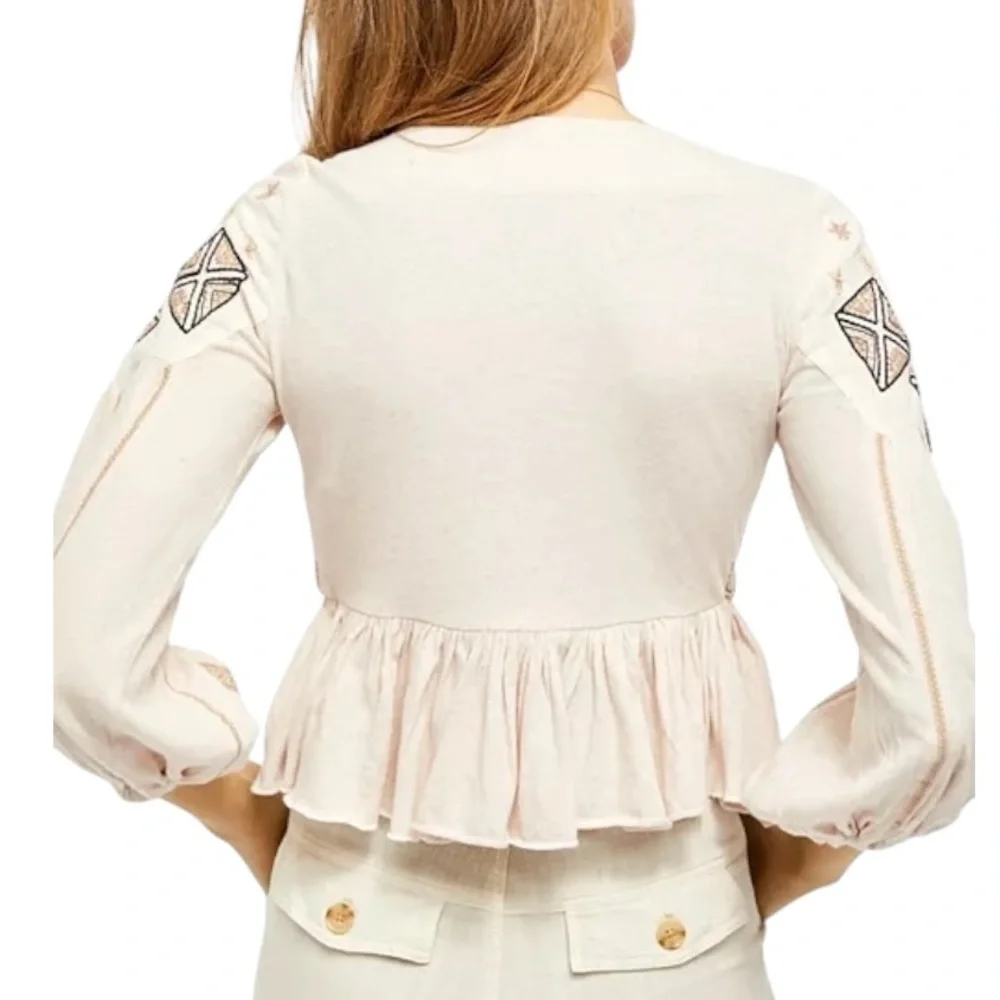 Free People Aria Embroidered Crochet Ruffle Peplum Crop Top in Lagoon Combo - M